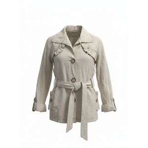 DKNY Jeans Womens Linen Utility Jacket Beige Ruffle Belted Safari Coat Large